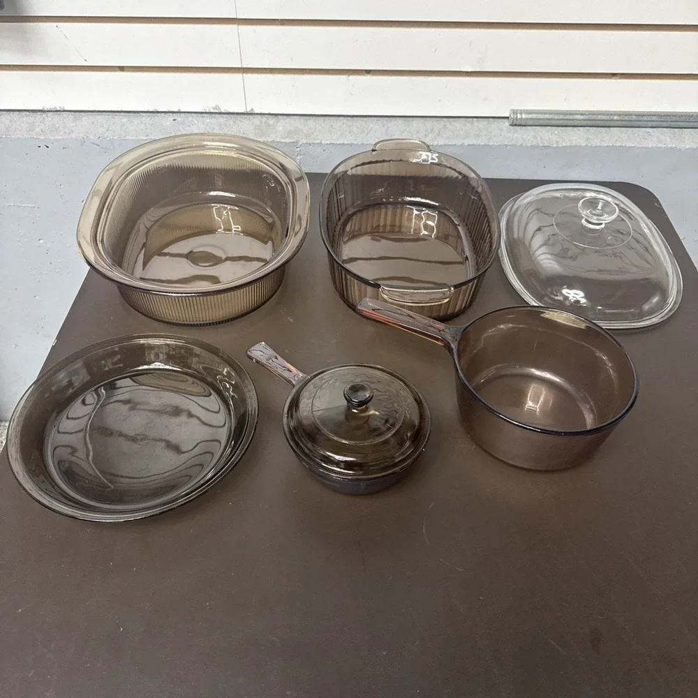 VTG‎ CORNING VISION PYREX 6 Piece Amber & 1 Piece Clear Lid Roasting Pan Pot Pie